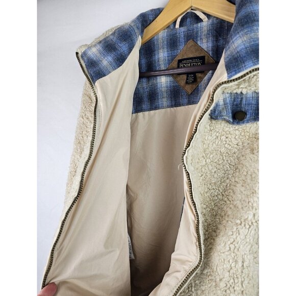 Pendleton Women's Jacket Size Small Beige Sherpa Blue Plaid Coat Full Zip - Picture 5 of 14